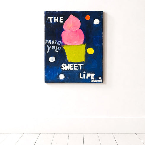 Frozen YOLO Art Print by Kerri Rosenthal, a pink and navy blue print available on archival paper, canvas, or aluminum