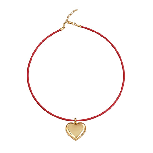 Kerri's puff heart necklace with plush gold heart pendant and genuine leather cord