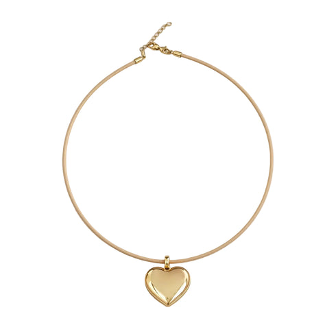 Kerri's puff heart necklace with plush gold heart pendant and genuine leather cord