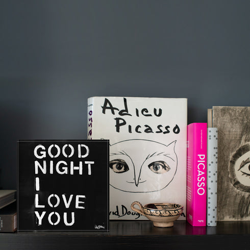 The Good Night I Love You Block of Love black acrylic mini art by Kerri Rosenthal on shelf