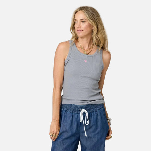 Sleeveless gray tank top with embroidered heart - Shop women's cute tank tops by Kerri Rosenthal.