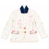 White hand-painted blazer with denim and pink collar detail, pink and multicolor paint splatters throughout, sun-shaped gold button closures, and 'Sunny' script embroidered on both front pockets — Kerri Rosenthal wearable art
