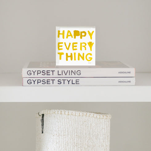 Happy Everything Gold Block of Love Acrylic Mini Art Artwork by Kerri Rosenthal's artwork mounted on 3/4" plexiglass acrylic block