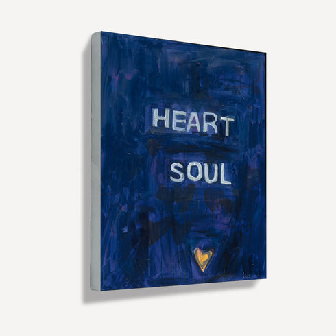 Heart + Soul navy blue word wall art print artwork. Shop word artwork for living room decor by Kerri Rosenthal.