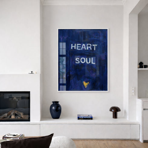 Heart + Soul navy blue word wall art print artwork. Shop word artwork decor for the living room by Kerri Rosenthal