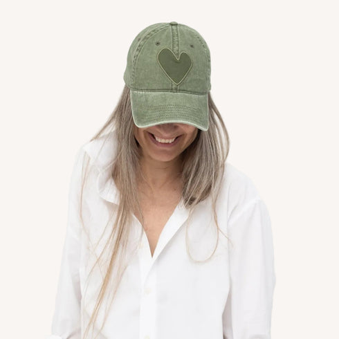 The heart patch green baseball cap hat in 100% cotton - Cute baseball cap hats for womens by Kerri Rosenthal