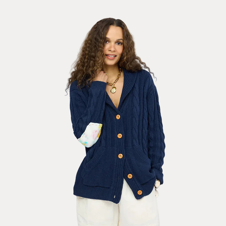 Helen shawl collar blue button-front cardigan in cotton cashmere blend with multi-color braided art, artwork elbow patches and pockets - Shop women’s cardigans by Kerri Rosenthal