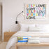 Hello I Love Me Horizontal word wall art print with cute lumbar throw pillows for bedroom by Kerri Rosenthal