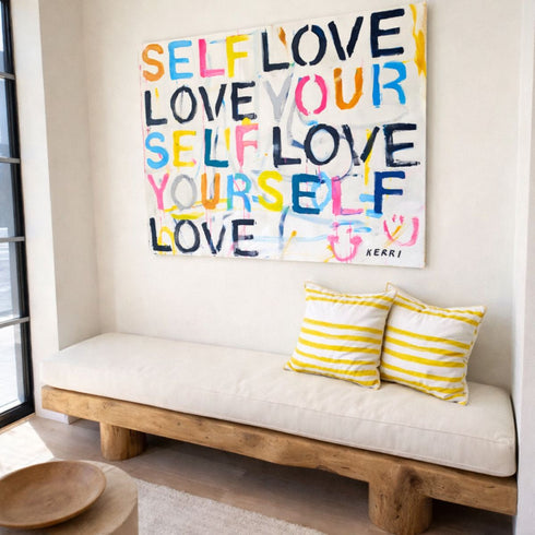 Hello I Love Me Horizontal word wall art print with yellow stripe square throw pillows by Kerri Rosenthal