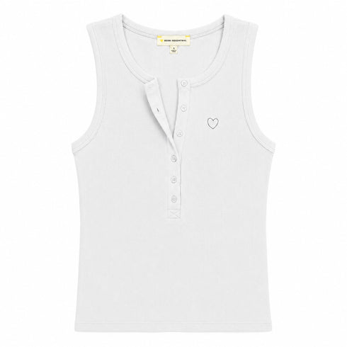 Kerri Rosenthal KR Henley Tank in white cotton with button placket and embroidered heart.