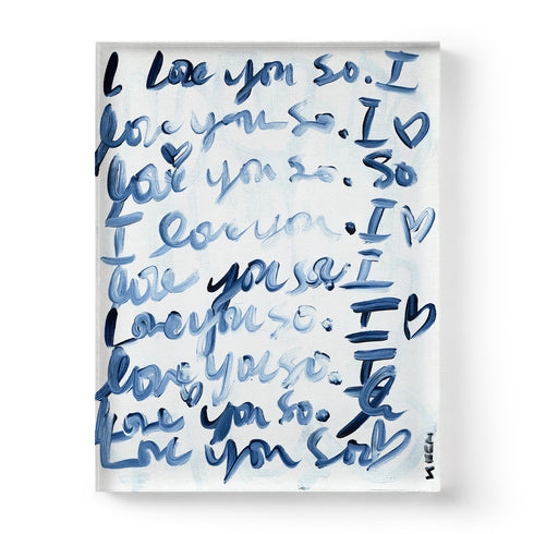 I Love You So indigo blue word art print by Kerri Rosenthal - Unique artwork for living room wall decor