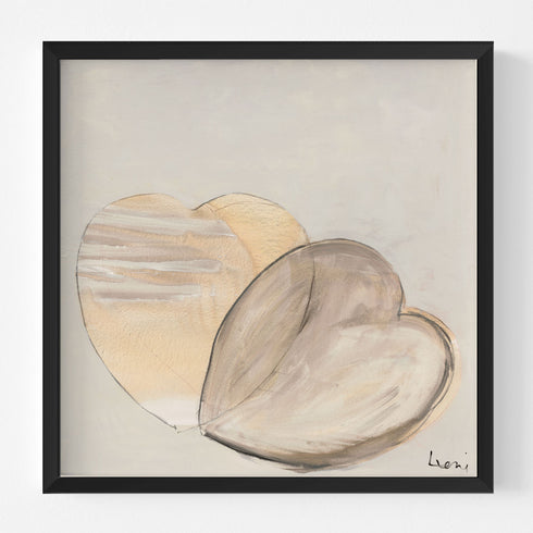 I Love Us art print is two neutral hearts overlapping an original wall artwork piece. Kerri Rosenthal heart art for modern home decor.