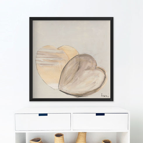 I Love Us art print is two neutral hearts overlapping an original wall artwork piece. Kerri Rosenthal heart art for modern home decor.
