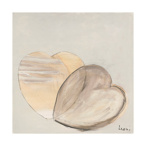 I Love Us art print is two neutral hearts overlapping an original artwork piece. Kerri Rosenthal heart art for modern home decor.