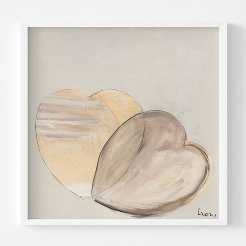 I Love Us art print is two neutral hearts overlapping white frame wall artwork piece. Kerri Rosenthal heart art for modern home decor.