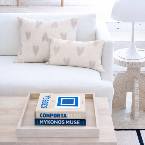 Ikat Heart natural throw pillow in 100% linen by Kerri Rosenthal. Decorative square and lumbar throw pillows for couch