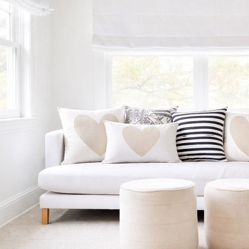 Imperfect Heart Throw Pillow - White with beige khaki heart design decorative pillows. Available in rectangular lumbar and square. Made in USA by Kerri Rosenthal