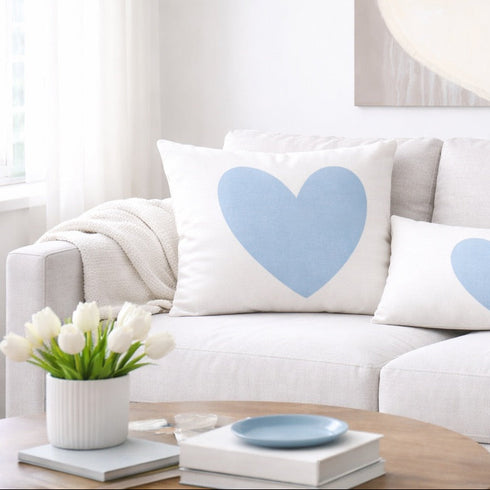 Imperfect Heart Throw Pillow - White with blue heart design decorative pillows. Available in square and rectangular lumbar. made in USA by Kerri Rosenthal