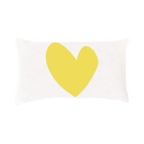 Imperfect Heart Throw Pillow - White linen with yellow heart design decorative pillow. Cute throw pillows for home decor. Lumbar shape. Made in USA by Kerri Rosenthal
