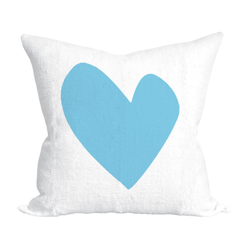Imperfect Heart Throw Pillow - White linen light blue heart design cute throw pillow for home decor. Square shape. Made in USA by Kerri Rosenthal
