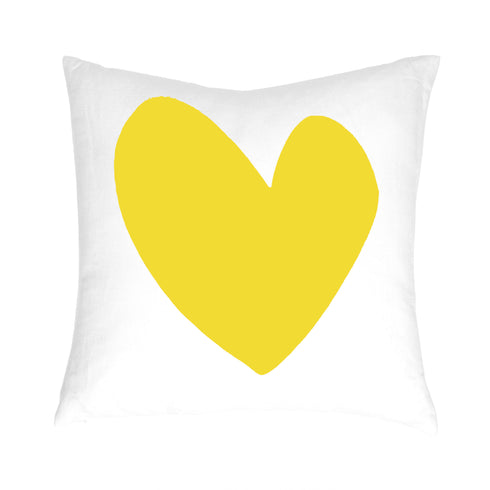 Imperfect Heart Throw Pillow - white linen with yellow hearts design. Cute decorative pillow for home decor. Square shape. Made in USA by Kerri Rosenthal