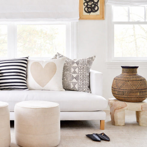 Imperfect Heart Throw Pillow - White with beige khaki heart design decorative pillows for couch. Square shape. Made in USA by Kerri Rosenthal