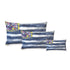 Set of three decorative pillows with blue and white pattern on a white background