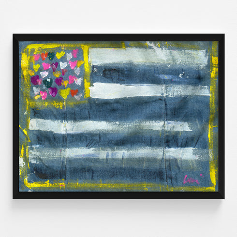 In Love We Trust So Much, was originally painted by Kerri Rosenthal. This original flag is a declaration of the heart, unique wall art, and original artwork.