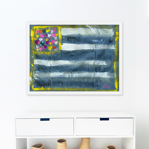 In Love We Trust So Much, was originally painted by Kerri Rosenthal. This original flag is a declaration of the heart, unique wall art, and original artwork.