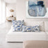 Love Letters indigo blue square and rectangular lumbar decorative throw pillows on couch by Kerri Rosenthal
