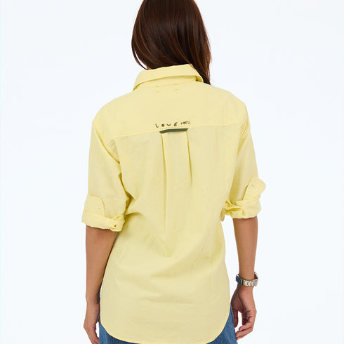 Jack Oxford cotton yarn-dyed yellow button-up shirt with 'Love' and heart embroidery - Cute women's button-up shirts by Kerri Rosenthal