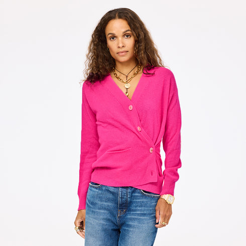 Jackie button-front neon pink cardigan is made from 100% cashmere with a V-neck and double pockets - Shop cute women’s cardigans by Kerri Rosenthal
