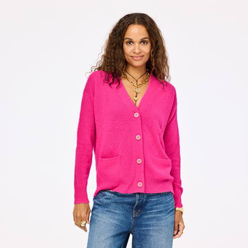 Jackie button-front neon pink cardigan is made from 100% cashmere with a V-neck and double pockets - Shop cute women’s cardigans by Kerri Rosenthal