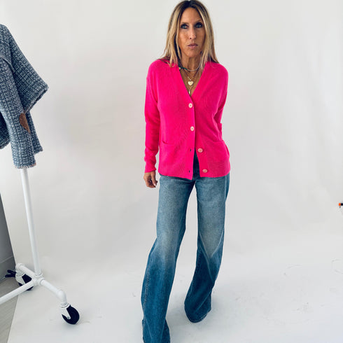 Jackie button-front neon pink cardigan is made from 100% cashmere with a V-neck and double pockets - Shop cute women’s cardigans by Kerri Rosenthal