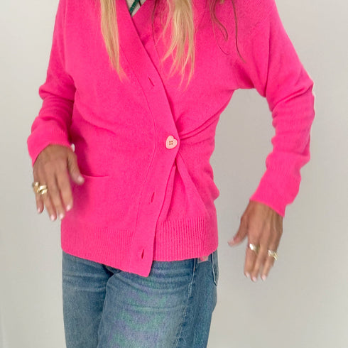 Jackie button-front neon pink cardigan is made from 100% cashmere with a V-neck and double pockets - Shop cute women’s cardigans by Kerri Rosenthal
