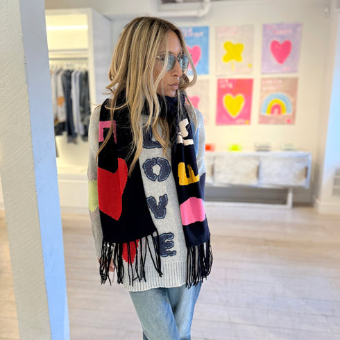 The jammy love heather grey embroidered heart sweater with long sleeves in 100% cotton and black scarf - Shop cute women's sweaters by Kerri Rosenthal