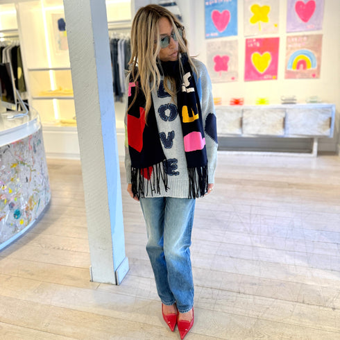 The jammy love heather grey embroidered heart sweater with long sleeves in 100% cotton and black scarf - Shop cute women's sweaters by Kerri Rosenthal