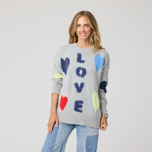 The jammy love heather grey embroidered heart sweater with long sleeves in 100% cotton - Shop cute women's sweaters by Kerri Rosenthal