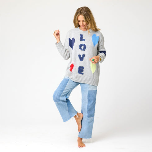 The jammy love heather grey embroidered heart sweater with long sleeves in 100% cotton - Shop cute women's sweaters by Kerri Rosenthal