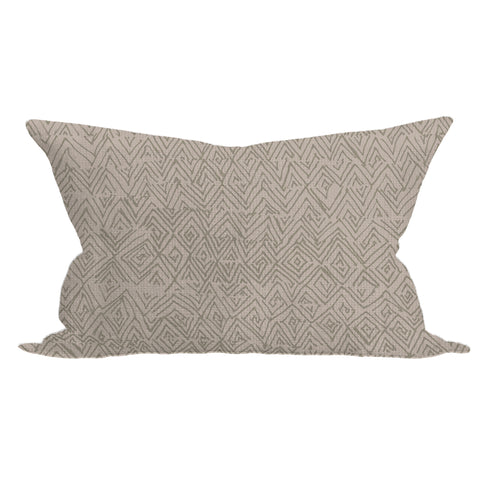 The Jayney Taupe lumbar throw pillow with a geometric pattern in beige, tan, and taupe by Kerri Rosenthal