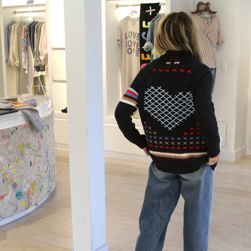 Womens cotton indigo blue cardigan featuring ribbed trim, mock neck, and vibrant heart intarsia design - Cute cardigans by Kerri Rosenthal