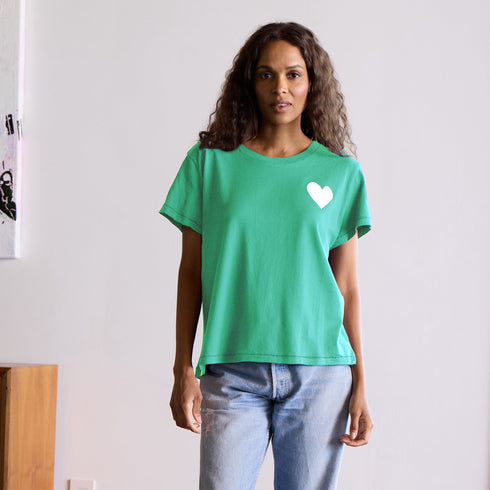short sleeve grass green tee with white imperfect drippy heart graphic tees - cute t-shirts by Kerri Rosenthal