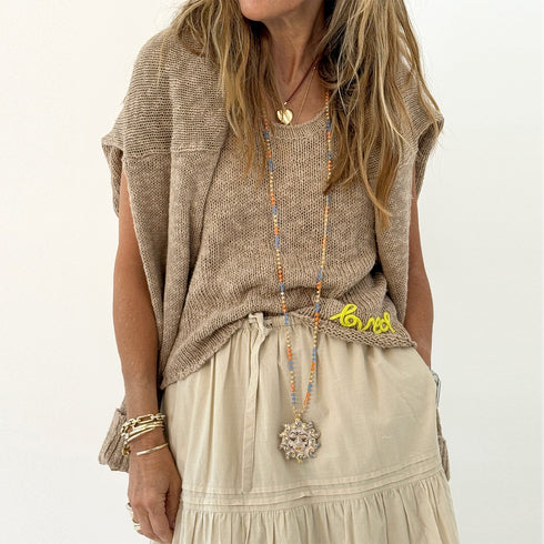 KR sleeveless beige sweater tank top with "Loved" embroidery - Shop women's cute cotton tank tops by Kerri Rosenthal