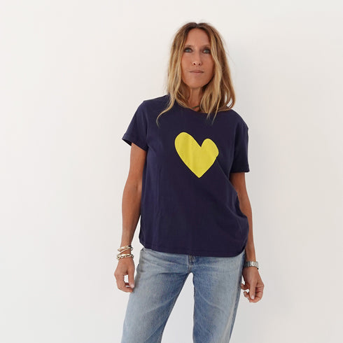 Suke indigo blue imperfect heart graphic tee shirt with blue denim jeans - Shop women's graphic tees by Kerri Rosenthal