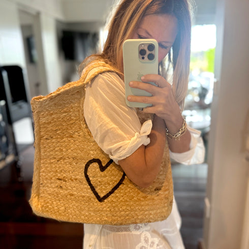 imperfect heart beige jute tote with wide handles - Shop women's cute jute tote bags by Kerri Rosenthal