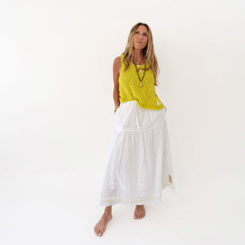 Vacance pintuck long white skirt in cotton with green sweater tank top - Shop cute maxi skirts & shirts by Kerri Rosenthal