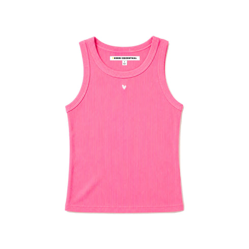 KR ribbed cotton blend palm pink tank top with a contrast embroidered heart - flattering women's tank tops by Kerri Rosenthal