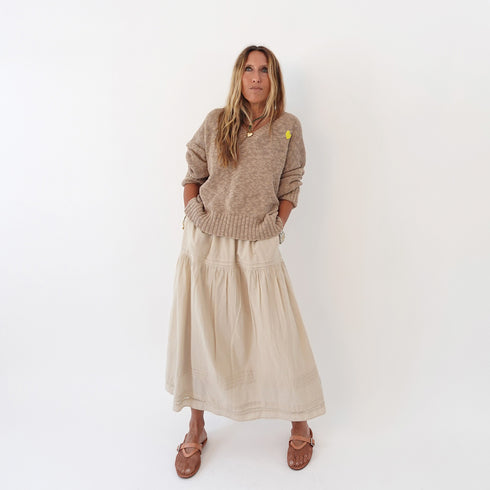 Vacance pintuck beige maxi skirt in cotton with tan pullover sweater - Shop women's maxi skirts & sweaters by Kerri Rosenthal