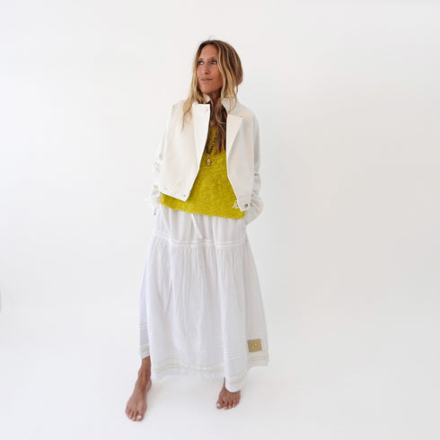 White jacket denim with lime green sweater tank top and white maxi skirt - Shop cotton tank tops by Kerri Rosenthal