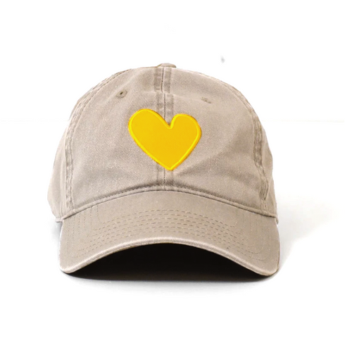 Sand khaki baseball hat sunshine yellow heart patch - cute baseball hats for women by Kerri Rosenthal